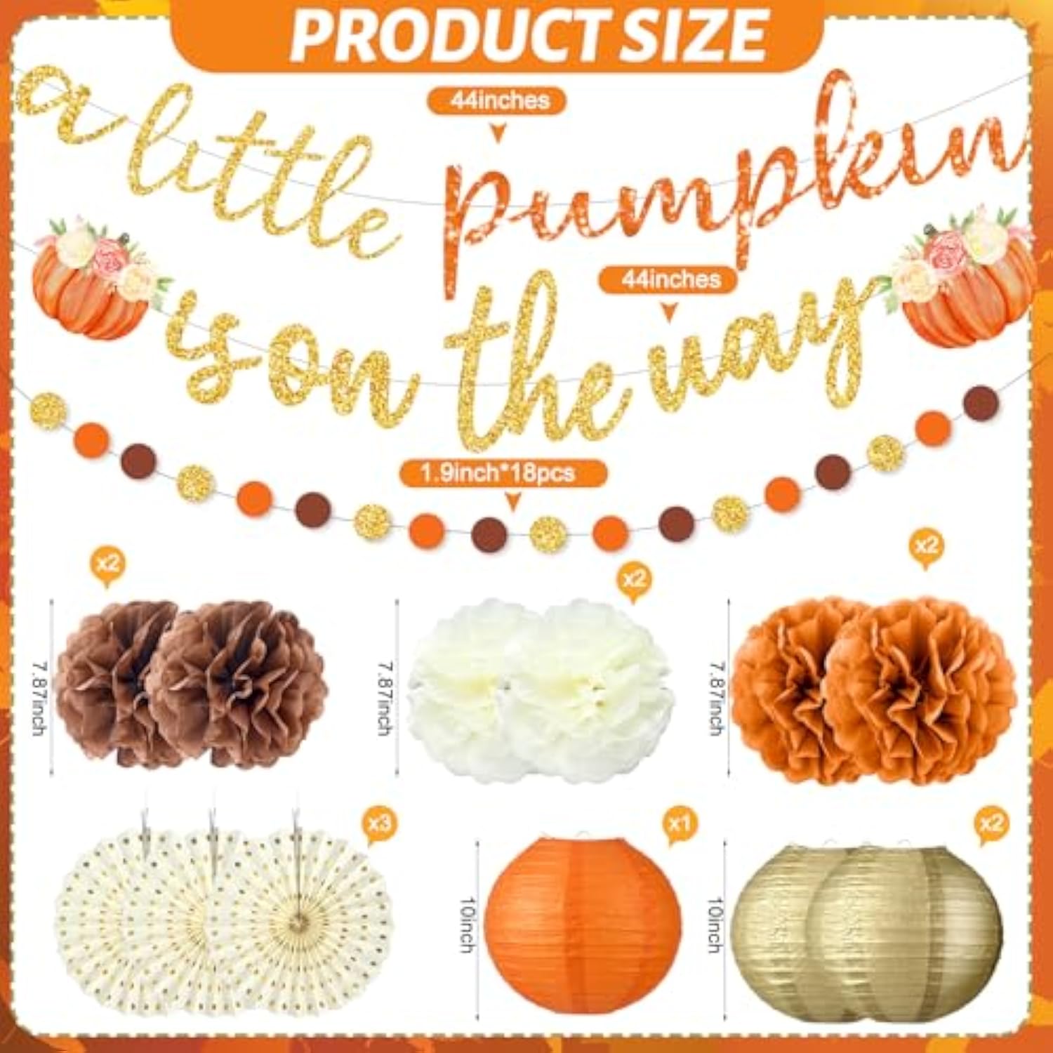 Little Pumpkin Fall Baby Shower Decoration 15 Pcs A Little Pumpkin Is On The Way Banner Tissue Pom Poms Paper Lantern Fan For Fall Birthday Baby Shower Gender Reveal Party Decor(Orange)