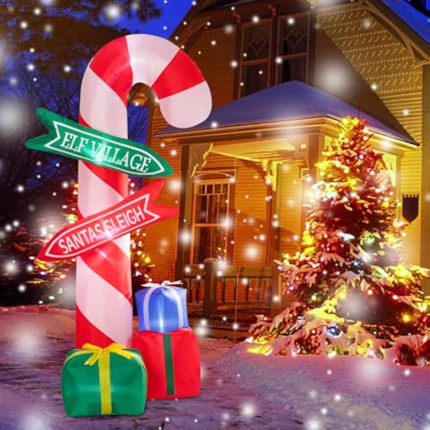 9 Ft Tall Christmas Inflatables Outdoor Decorations, Inflatables Candy Cane With Road Sign Blow Up Merry Christmas Bag Y