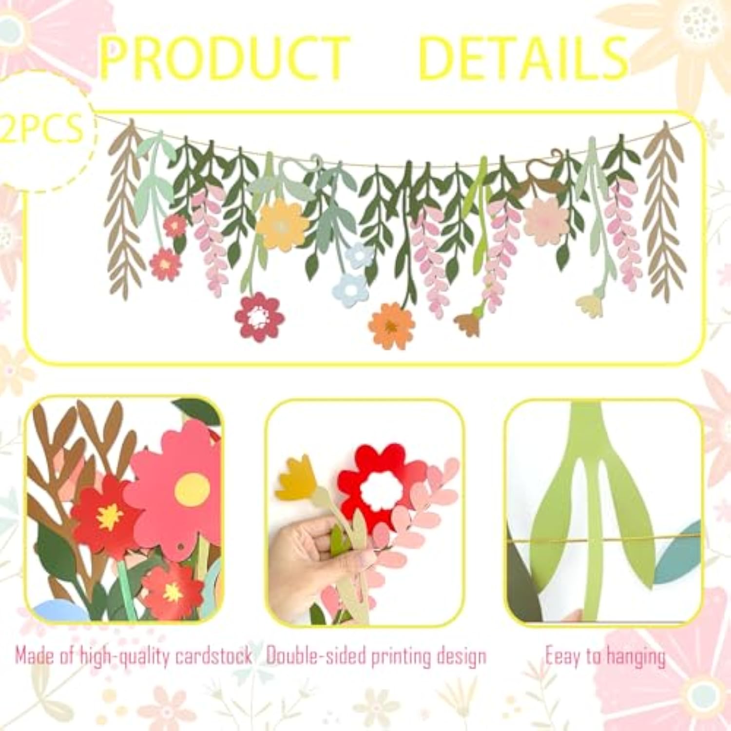 2 Pcs Flower Birthday Party Banner Spring Decor Floral Theme Hanging Garland Spring Happy Birthday Flower Banner Boho Floral Leaf Party Supplies For Women Wedding Baby Shower Backdrop Indoor Outdoor