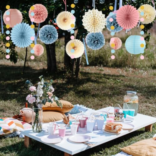 Dusty Blue and Pink Party Decorations Pink and Blue Birthday Decorations Pink Blue Cream Paper Fans Paper Pom Poms Lanterns for Birthday Gender Reveal Party Decor