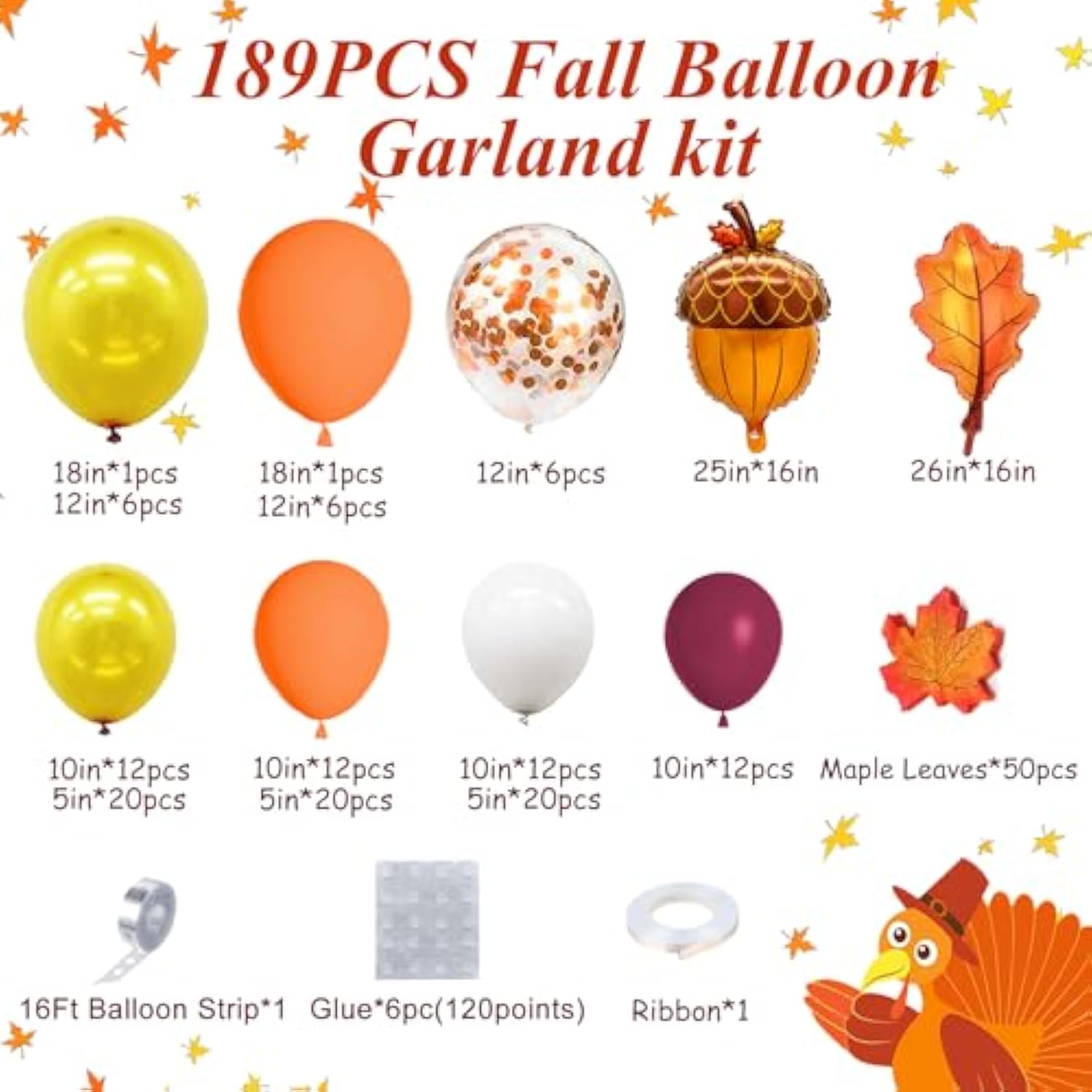 Fall Balloon Arch Kit 189PCS Orange Burgundy White Balloons for Thanksgiving Baby Shower Party