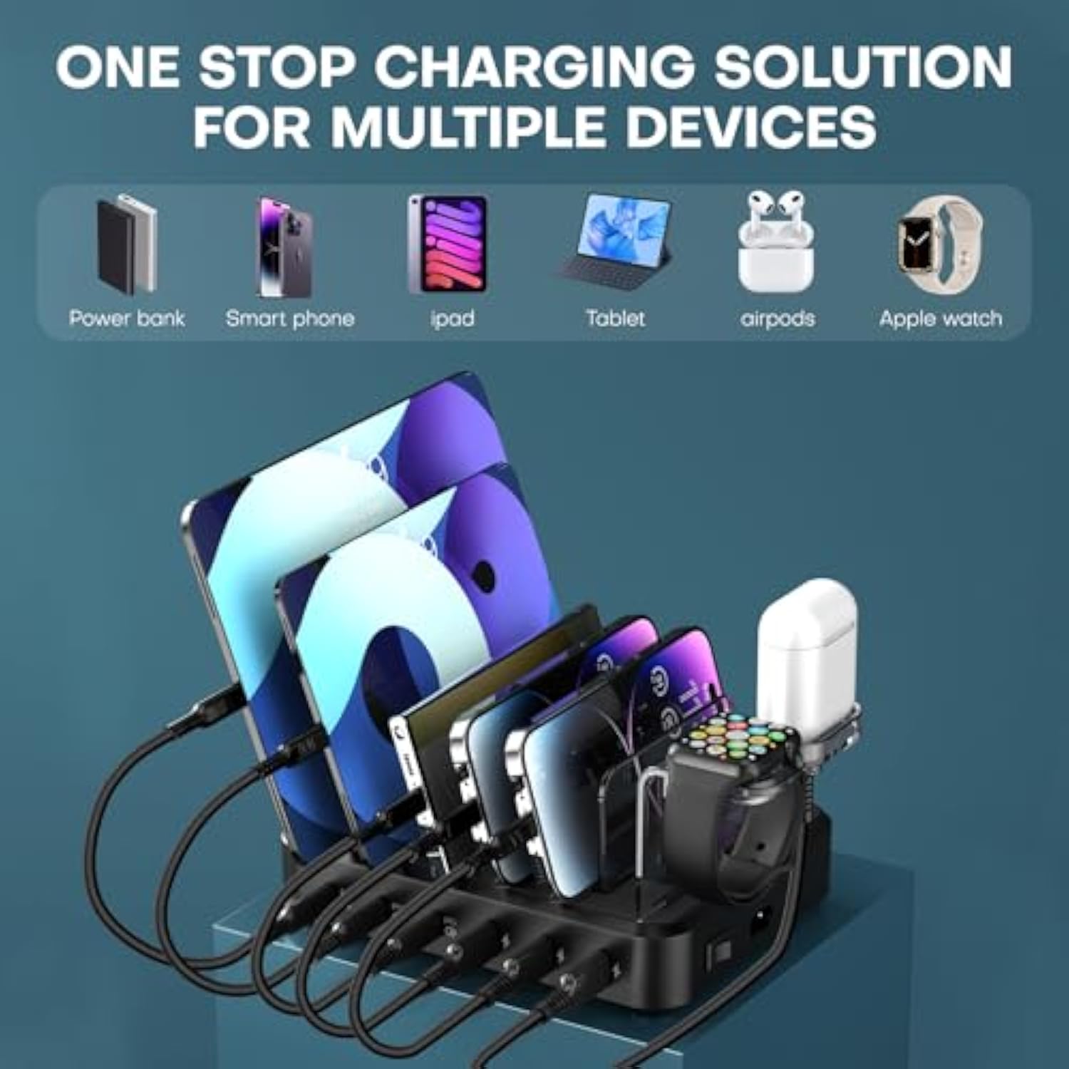 Charging Station For Multiple Devices,75W 6 Port Multi Usb C Fast Charger Station With 7 Mixed Charging Cables,Usb Charging Dock Compatible With Iphone, Samsung, Ipad, Tablet And More