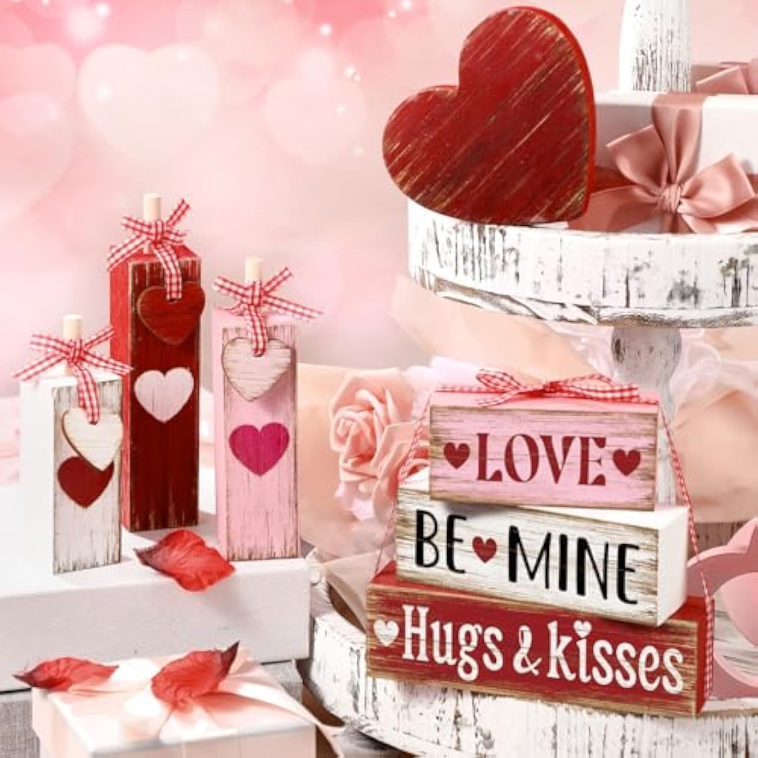 7 Pcs Valentine'S Day Table Decorations Valentine Tiered Tray Decor Valentine Day Centerpiece Red White And Pink Wooden Heart Block Sign With Bows Valentines Decor For Home Kitchen Mantel