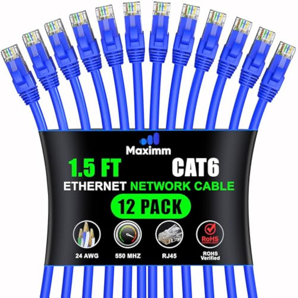 Maximm Cat 6 Ethernet Cable 1.5 Ft, (12-Pack) Cat6 Cable, LAN Cable, Internet