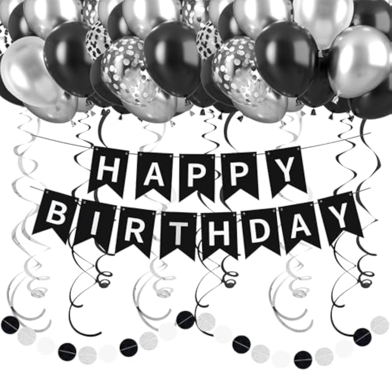Black & Silver Happy Birthday Decorations, Banner, Swirls, Balloons & Party Supplies