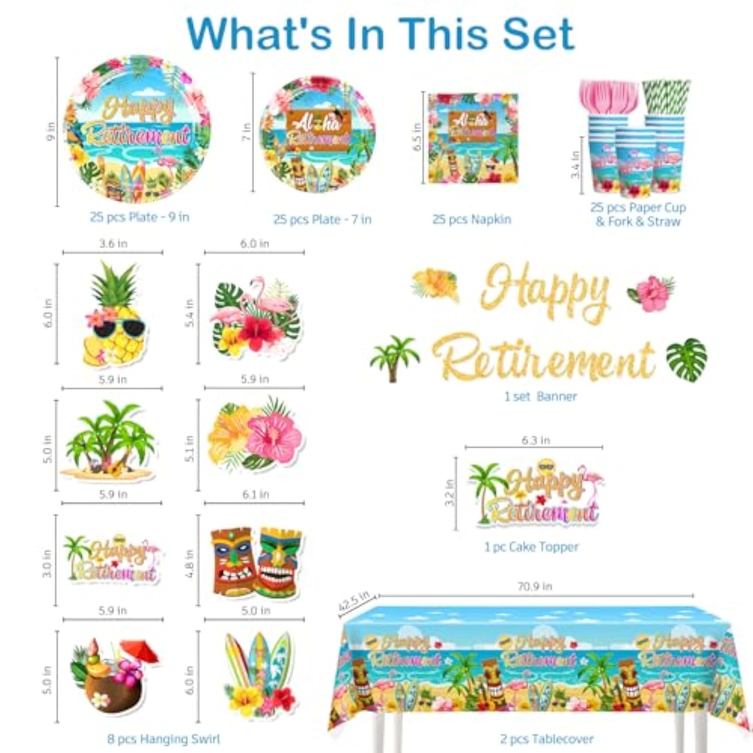 Tropical Retirement Party Decorations, Luau Aloha Hawaiian Beach Themed Retirement Party Supplies Including Banner Paper Plates And Napkins Sets Cake Toppers And 2 Pcs Tablecloth