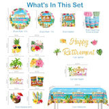 Tropical Retirement Party Decorations, Luau Aloha Hawaiian Beach Themed Retirement Party Supplies Including Banner Paper Plates And Napkins Sets Cake Toppers And 2 Pcs Tablecloth