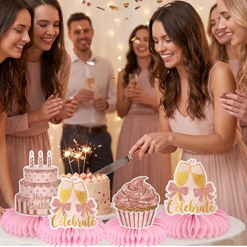 12 Pcs Rose Gold Happy Birthday Honeycomb Centerpieces for Tables Pink 3D Table Decorations Women Girls Party Supplies Cardstock Signs