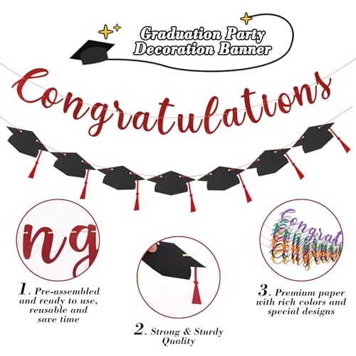 Class of 2026 Graduation Decorations Pre-Strung Glitter Congratulations Banner with Grad Cap Banner Graduation Garland for High School College 2026 Grad Party Supplies(Purplish Red)