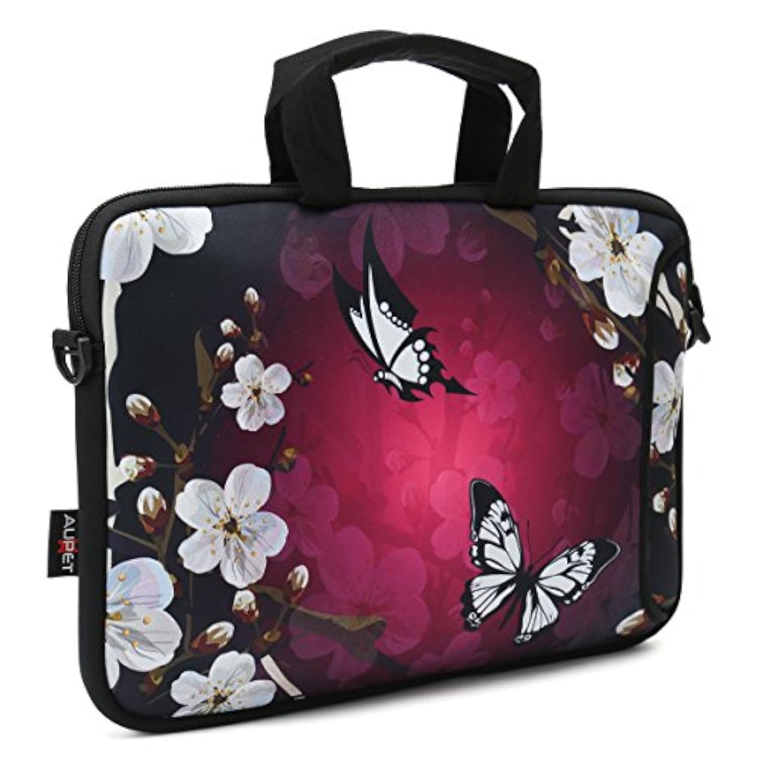 16 16.5 17-17.3-Inch Water Resistant Neoprene Sleeve Notebook Neoprene Messenger Case Tote Bag With Outside Handle And Adjustable Shoulder Strap & Extra Pocket(Butterfly And Flower)