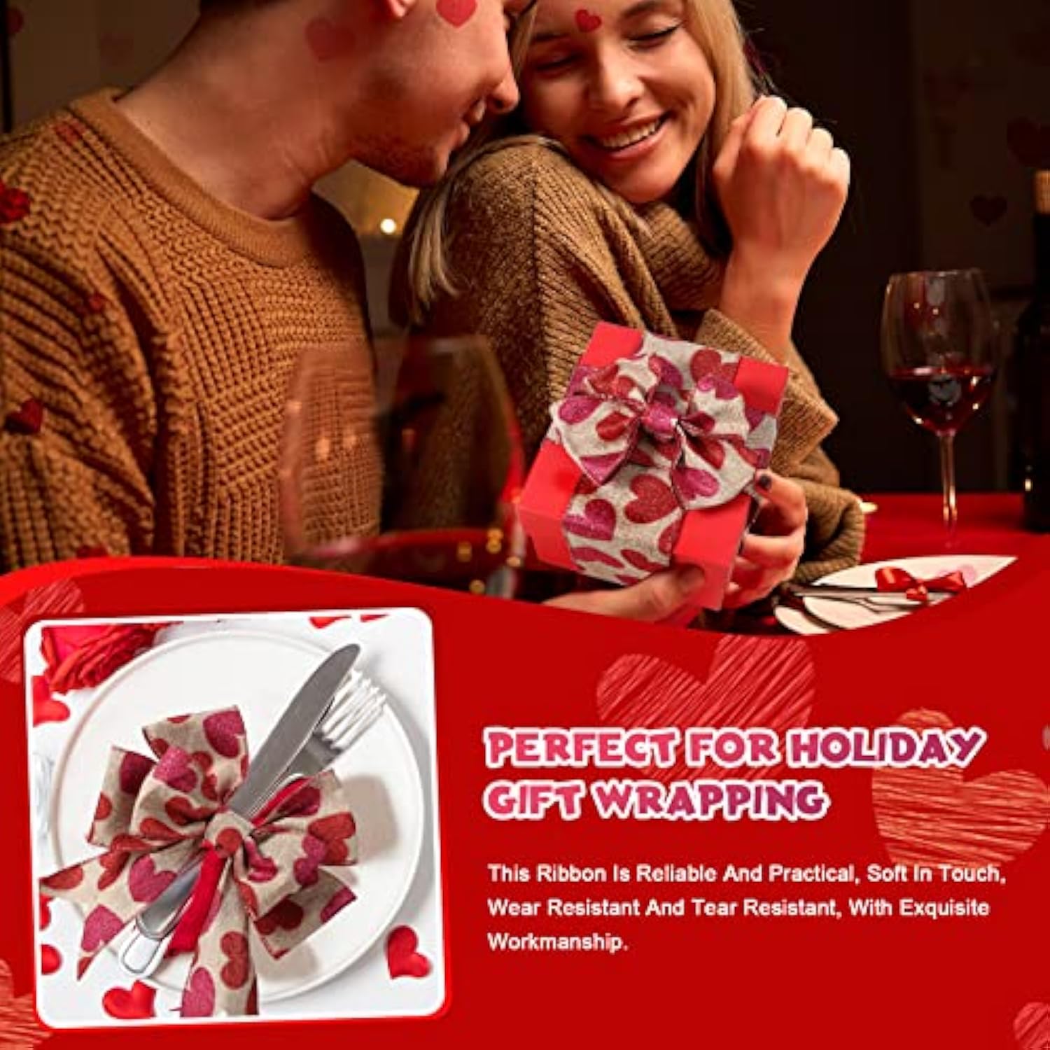 2 Roll 20 Yards Glitter Hearts Wired Edge Burlap Ribbon Valentine Ribb