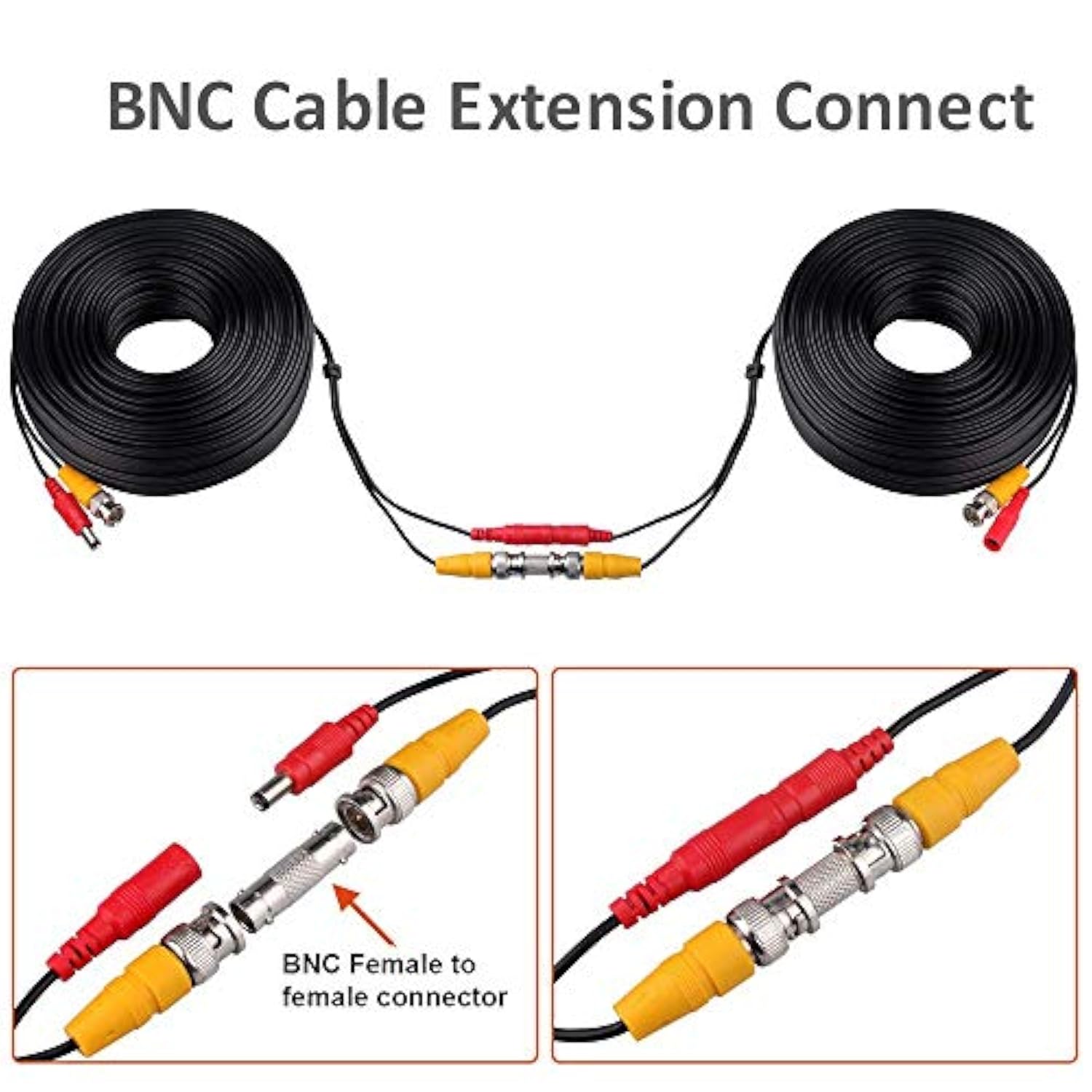 100Ft 30M Bnc Cable Security Camera Wire Cord With Bnc Connectors And Rca Adapters Video Power Cable For Cctv Camera Surveillance Kit And Security Camera System,Black