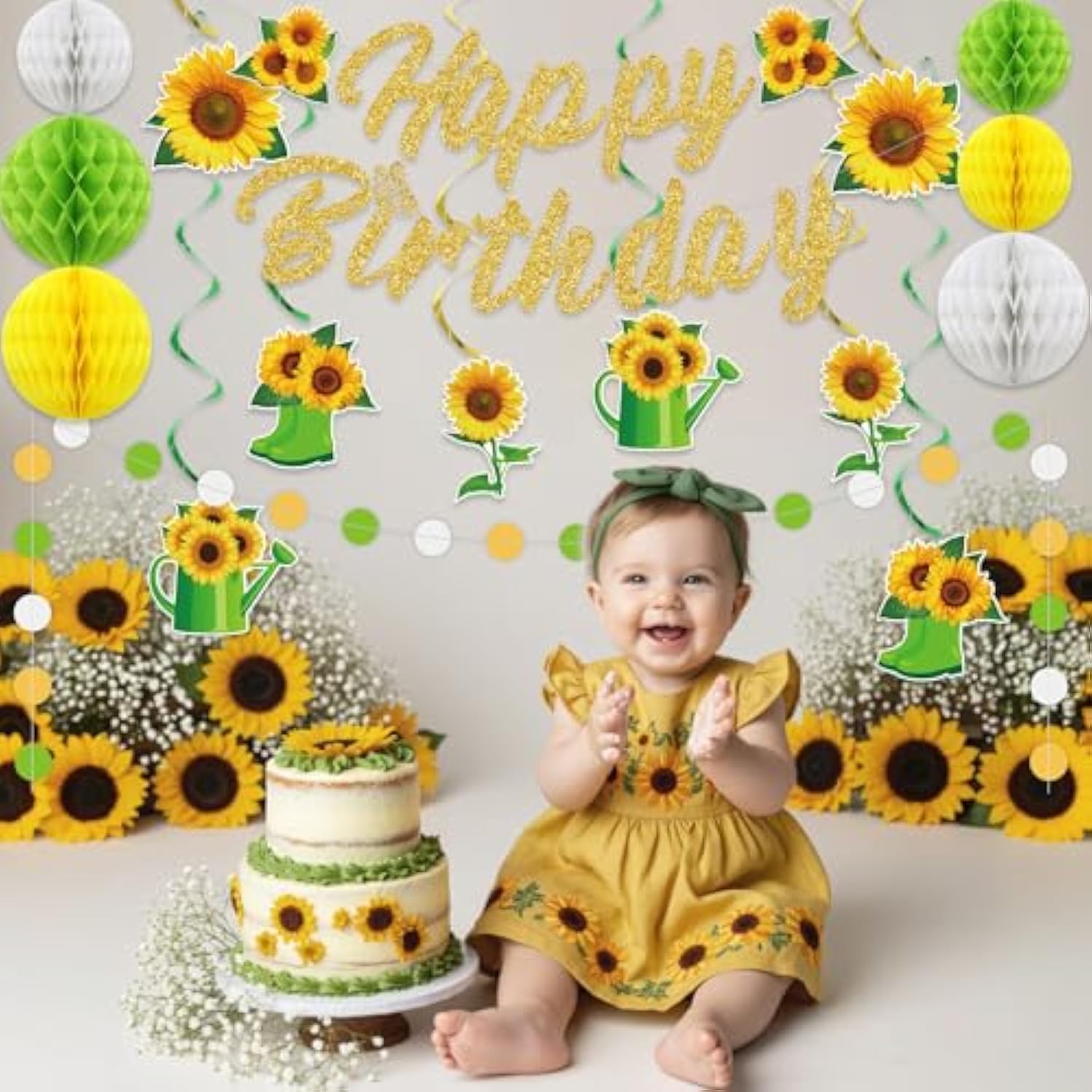 Sunflower Birthday Party Decorations, Yellow Green Birthday Decorations Inlcudes Sunflower Banner Honeycomb Balls Hanging Swirls For Party Supplies