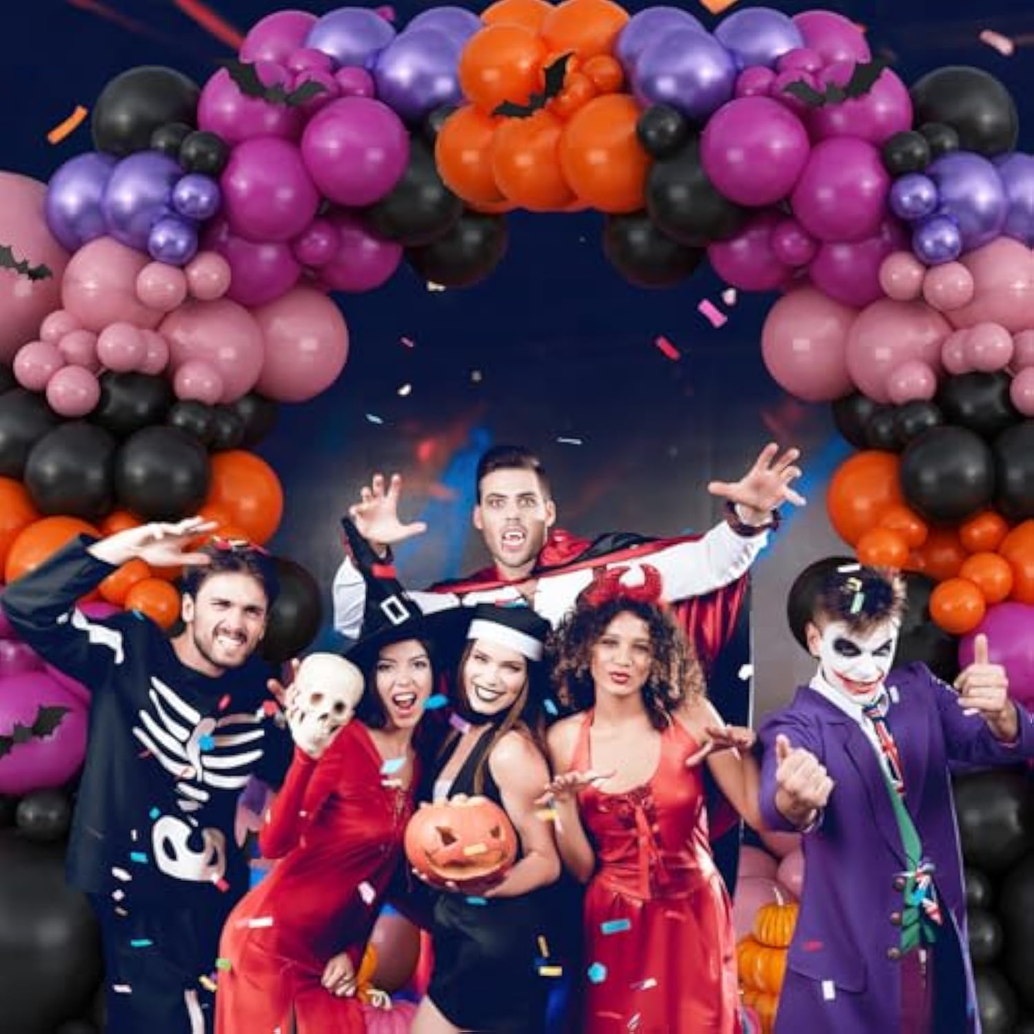 123Pcs Halloween Balloon Arch Kit - Black, Orange, Pink, Purple Balloons with 3D Bats