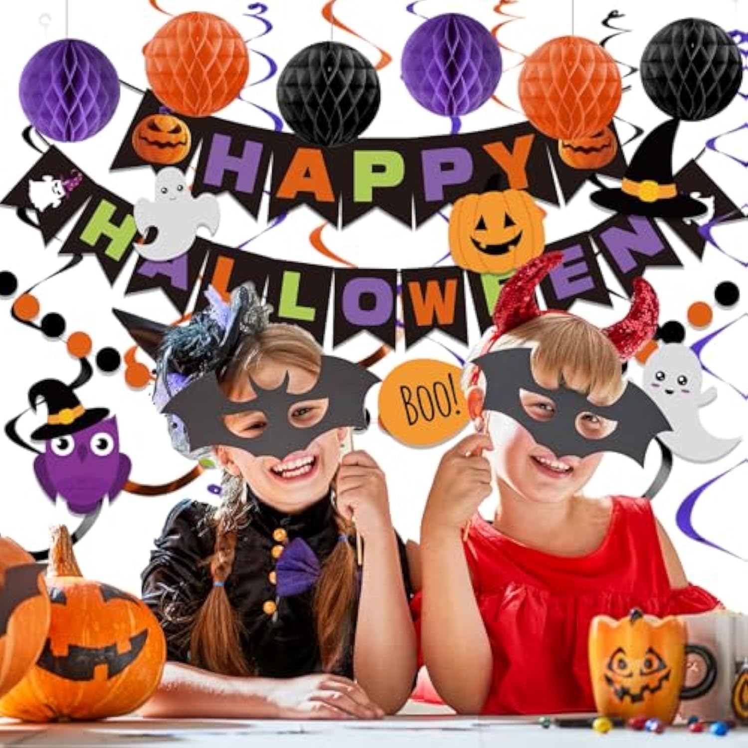 Halloween Banner Decorations with Honeycomb Ball Swirl Streamer and Circle Dot Garland