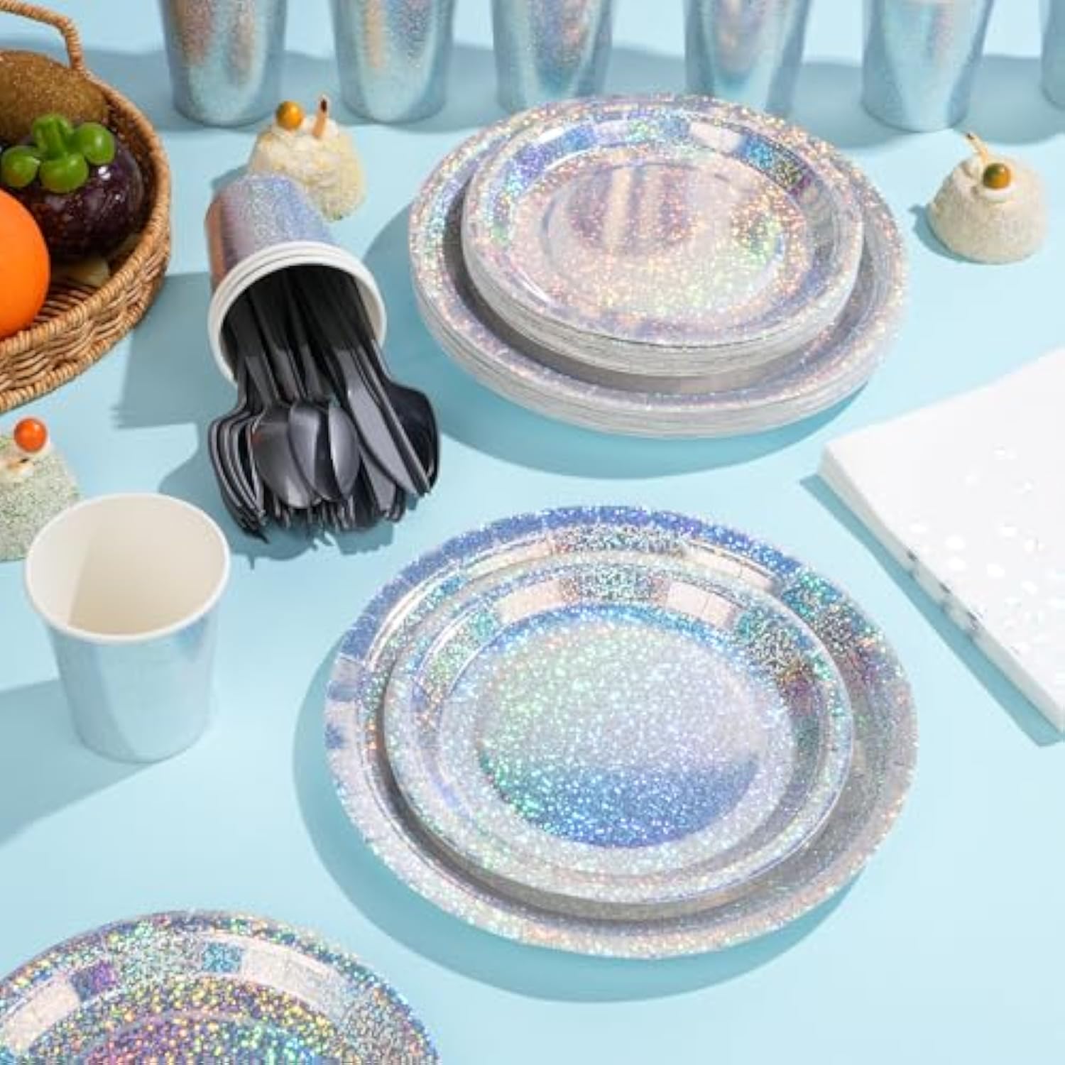Iridescent Silver Party Supplies Decorations, Holographic Paper Plates And Napkins Set, Disposable Silver Paper Plates Cups Knives Spoons Fork Straw For Disco Bachelorette Birthday Party, Serve 50