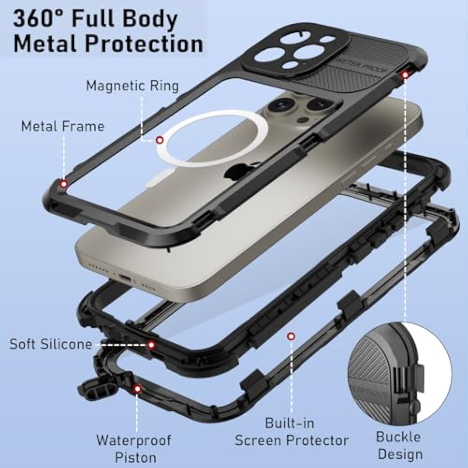 Waterproof Case - Metal Shockproof Phone Case Built-In Screen Protector [Ip68 Water Proof][14Ft Military Grade ], Heavy Duty Full Body Drop Protection Cover, 6.7" Black