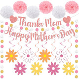 Daisy Happy Mother's Day Decorations, Thanks Mom Happy Mothers Day Banner with Hanging Swirls, Honeycomb Balls Pink White Yellow Mothers Day Decorations for Party Supplies Home Office Photo Props