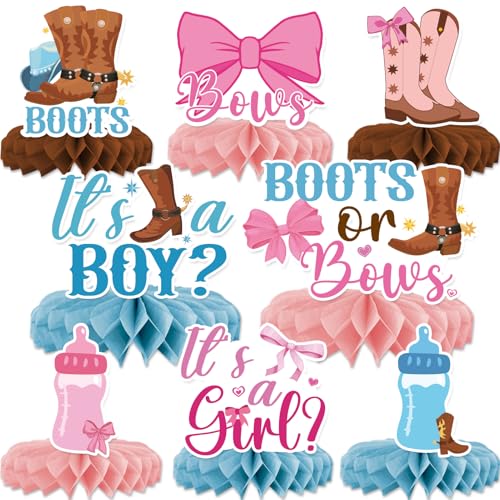 Boots or Bows Gender Reveal Decorations - 8PCS Boots or Bows Honeycomb Centerpieces, Boy or Girl Gender Reveal Decorations, Western Rodeo Wild West Cowgirl or Cowboy Baby Shower Party Deco