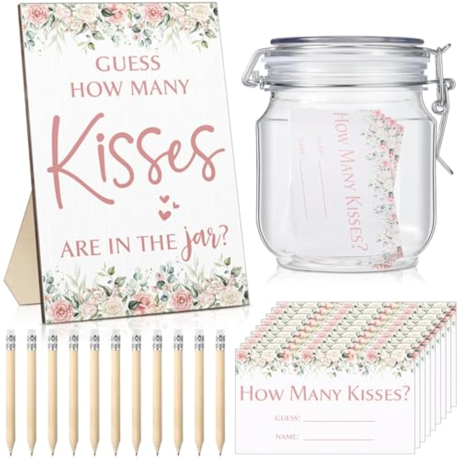 122 Pieces Guess How Many Kisses Bridal Shower Games Include 1 Bridal Shower Wooden Sign 100 Guessing Cards 20 Hb Pencils 1 Game Jar For Guests Wedding Party(Flowers)