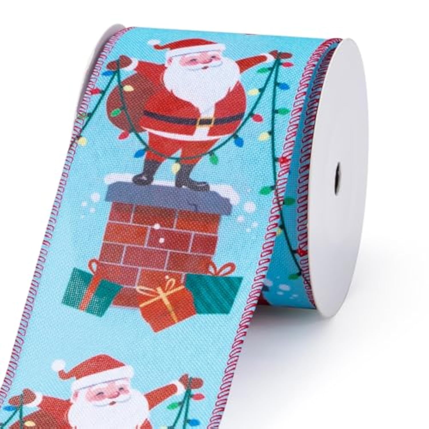 Wired Christmas Holiday Ribbon - Santa Claus Stand On Chimney Ribbon With Wired Edge - 2.5 Inch X 5 Yard Each Roll