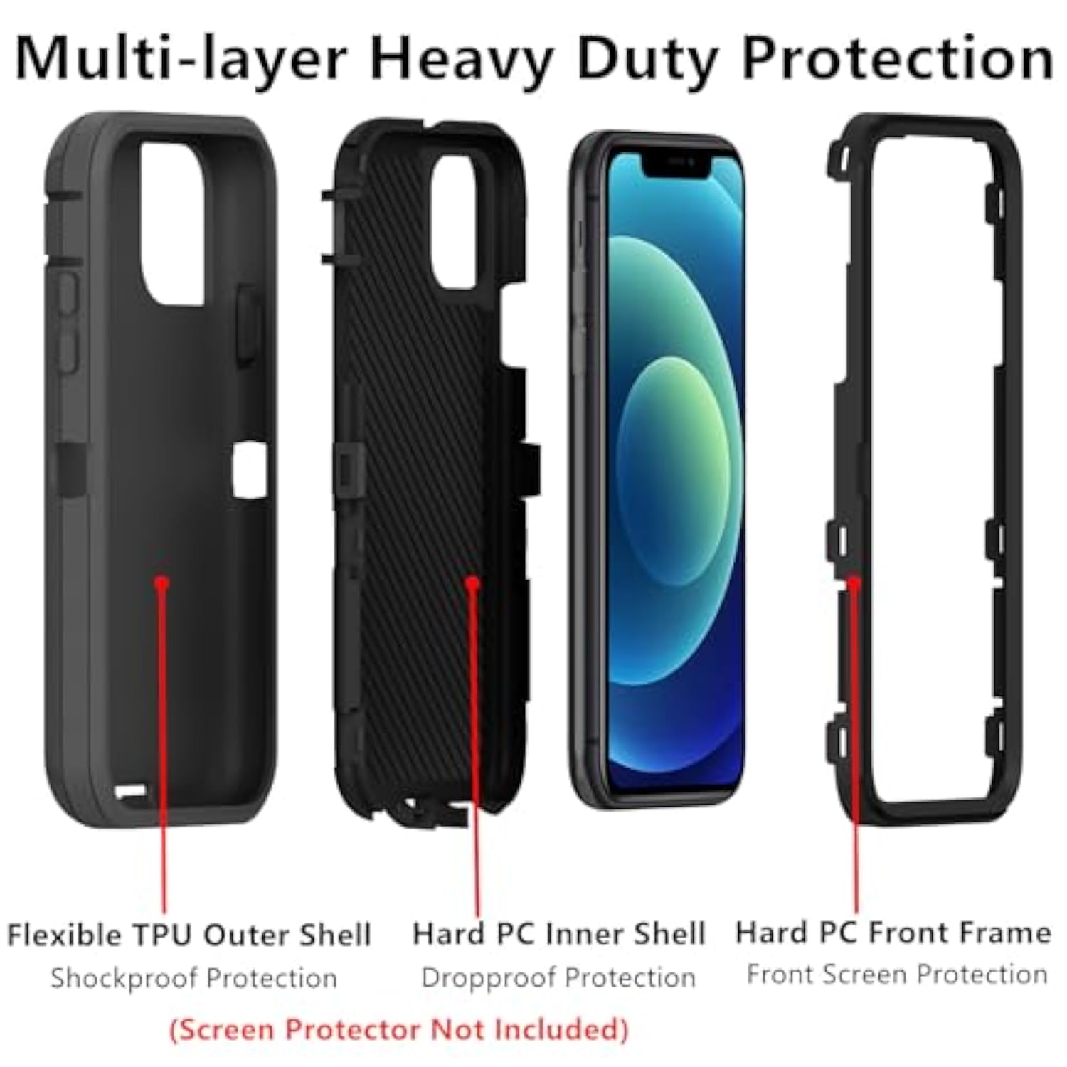 For Iphone 12 Case/12 Pro Case, (Not Fit 12 Mini) Defender Case Heavy Duty Shockproof Dustproof 3 In 1 Rugged Protective Phone Cover For Iphone 12 Pro/12 6.1 Inch (Black)
