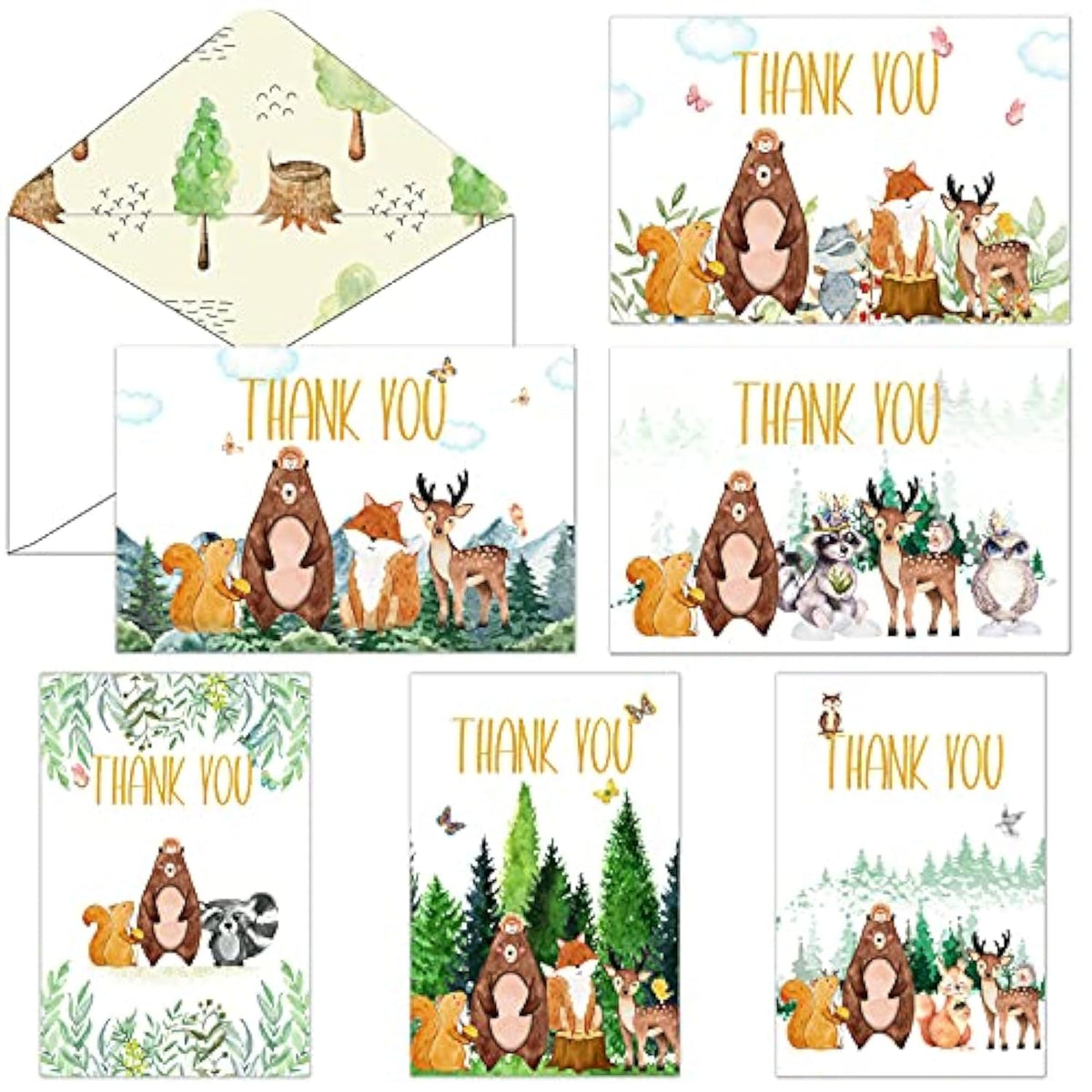 72 Pcs Woodland Thank You Cards Baby Showers 36 Forest Envelopes And 36 Bear Forest Greeting Thank You Watercolor Animal Blank Notes Cards For Birthday Kids Baby Shower Party