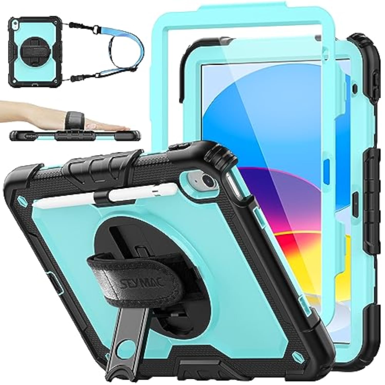 11th/10th Generation iPad (A16) 11''/10.9'' 2025/2022 Full-Body Drop Protection Case with Screen Protector & 360° Rotate Hand Strap/Stand, Brightblue+Black