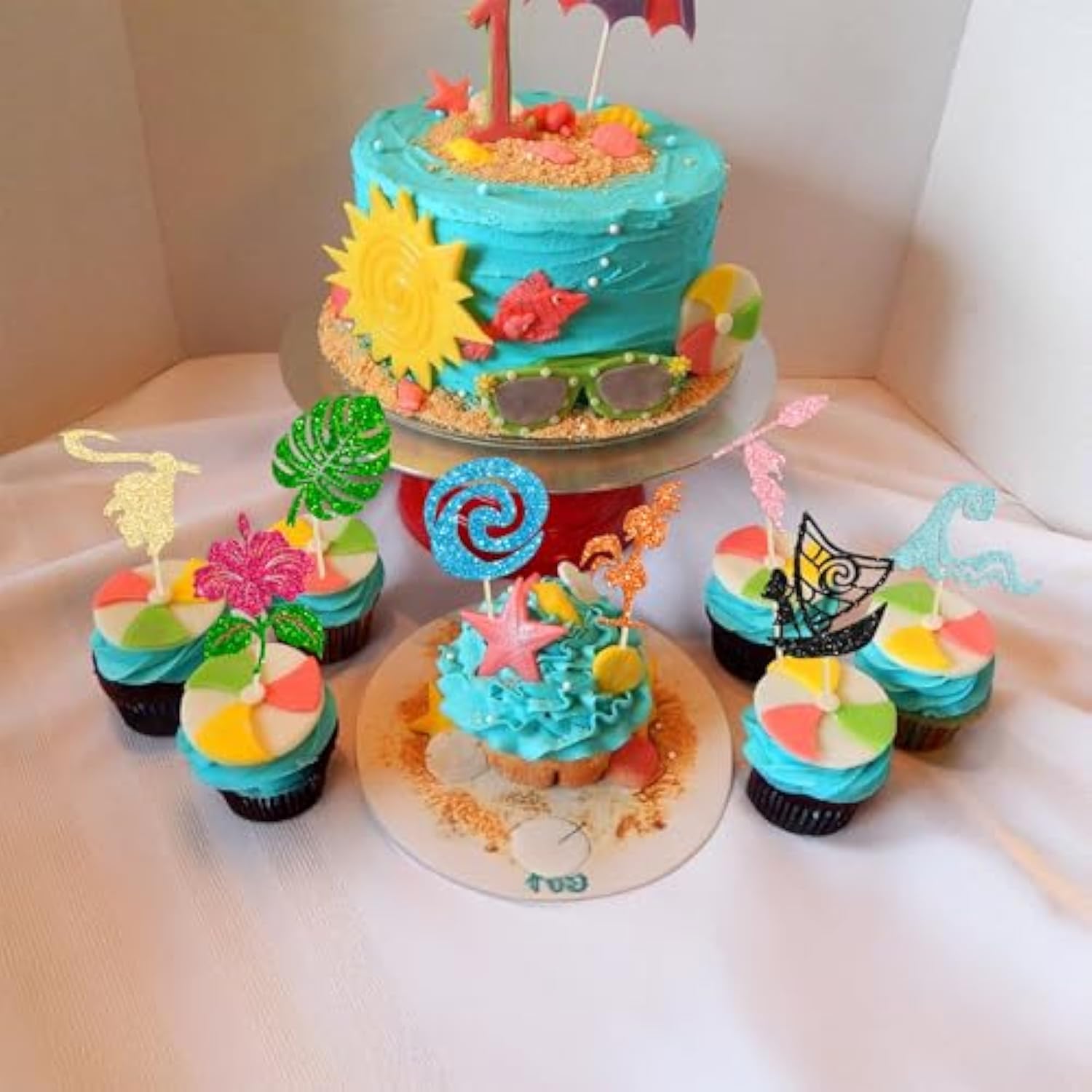 32Pcs Moana Inspired Cupcake Toppers Glitter Palm Leaf Flower Cupcake Picks Tropical Hawaiian Luau Theme Cake Decorations For Baby Shower Birthday Party Cake Supplies Multi