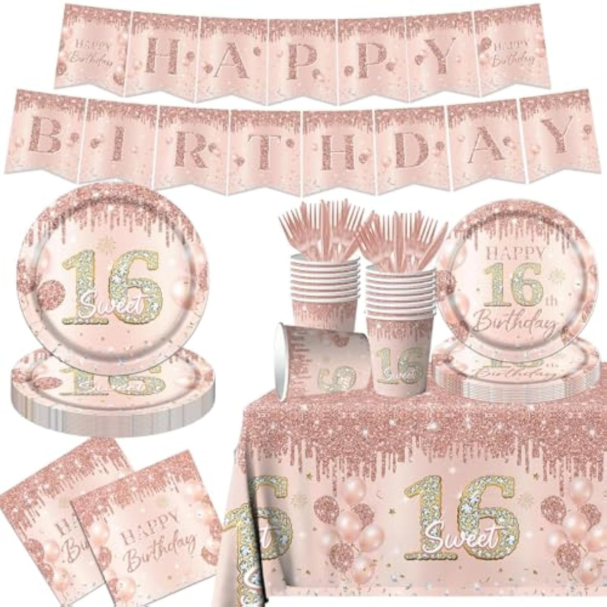 Sweet 16 Party Decorations Tableware,142Pcs Rose Gold 16Th Birthday Decorations For Girls Sweet 16 Plates And Napkins Tablecloth For Sweet Sixteen Decorations