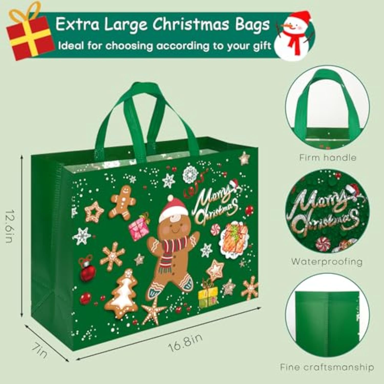 12 Pack Extra Large Christmas Gift Bags, Reusable Tote Bags With Handle Non-Woven Christmas Bags For Gifts Wrapping Xmas Holiday-16.9 * 12.6 * 7.1”