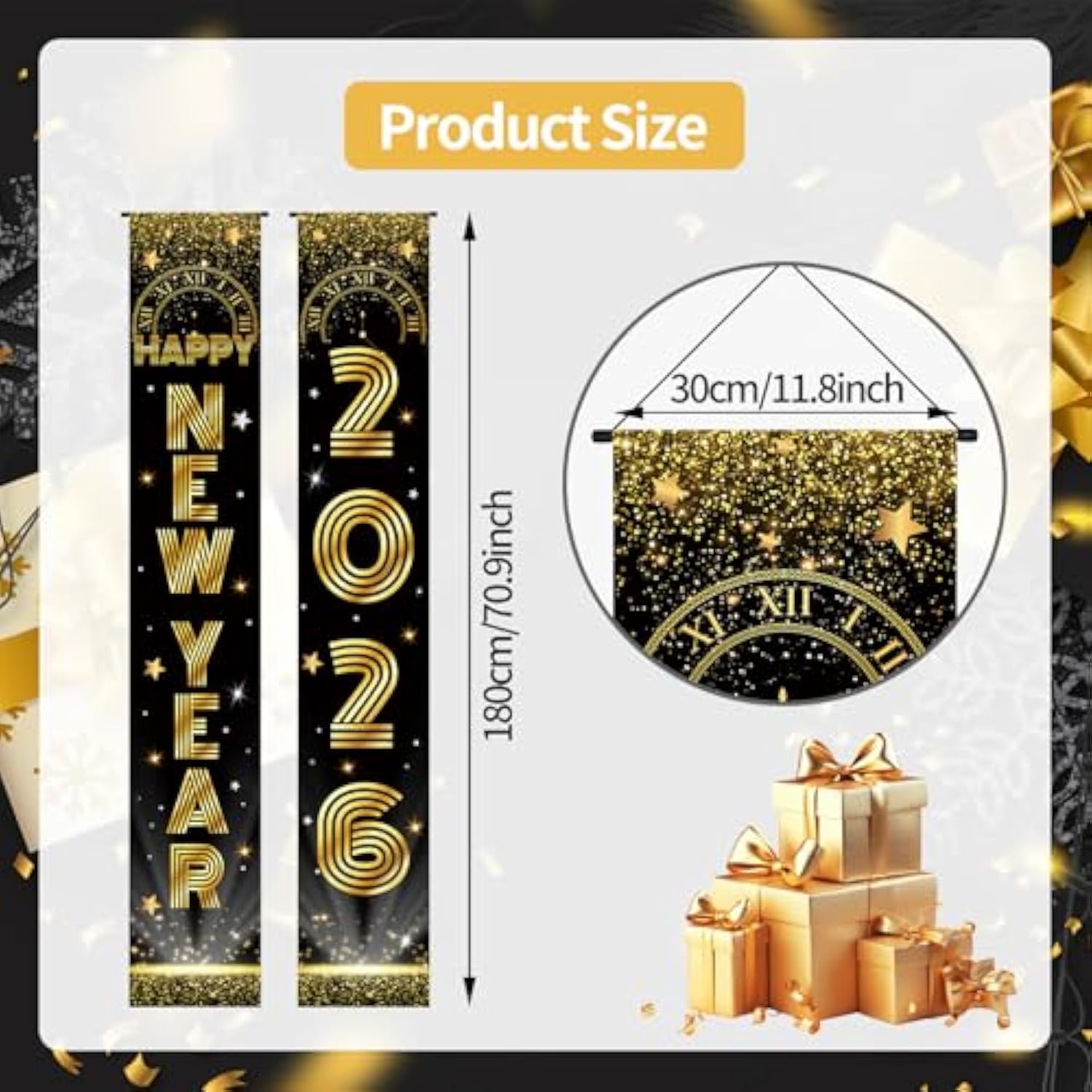 Happy New Year 2026 Banner Black Gold 71x12in Porch Wall Party Decor