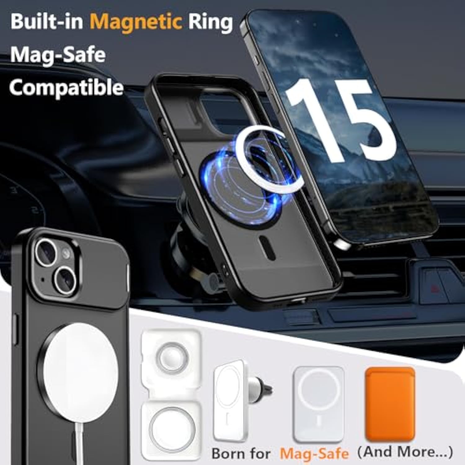 Magnetic For Iphone 15 Case With Stand,Compatible With Magsafe,Rugged,Heavy Duty,Protective Case Kickstand,[Built-In Invisible Stand],Black