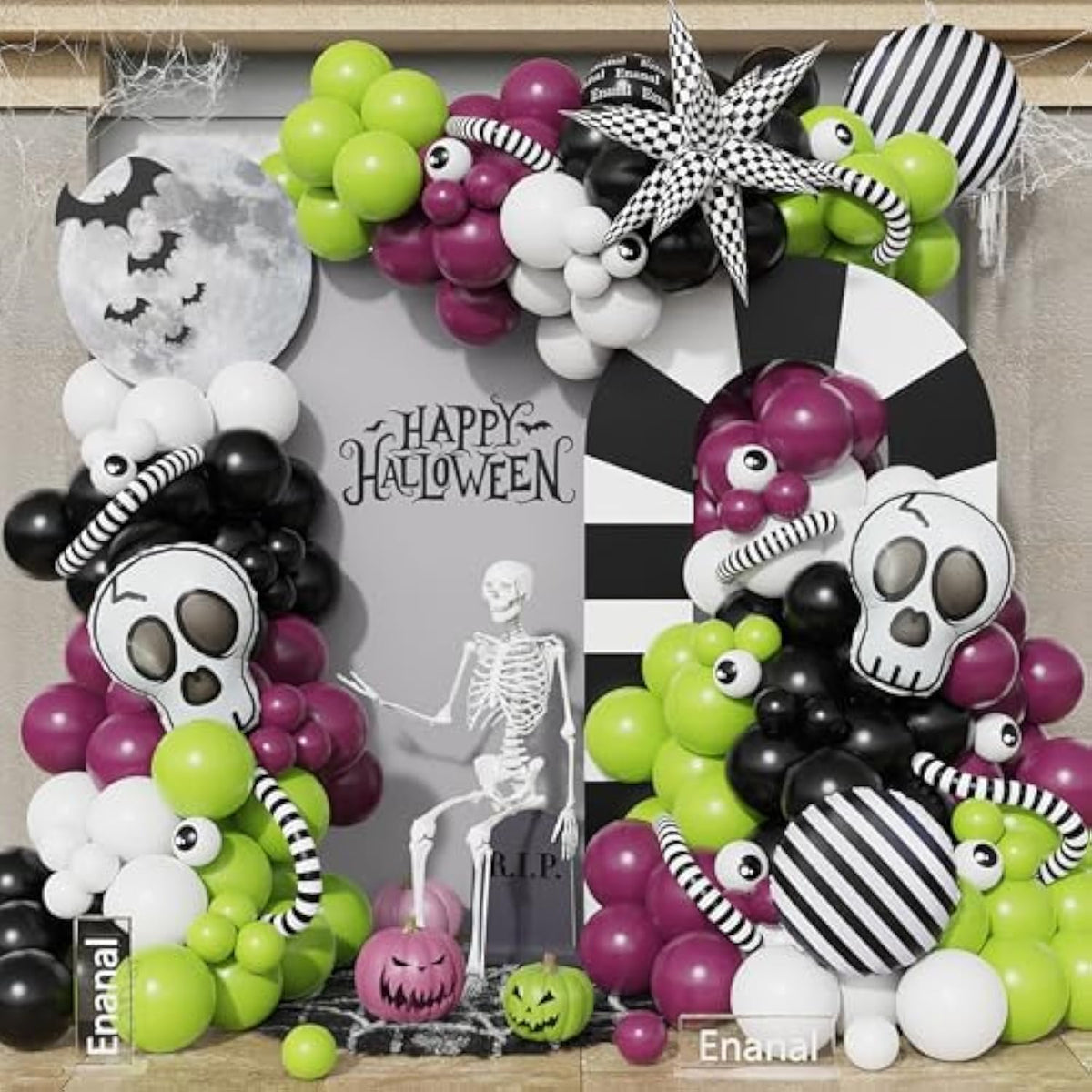 172Pc Halloween Balloon Arch Kit – Purple Green Black White with Skull Foils