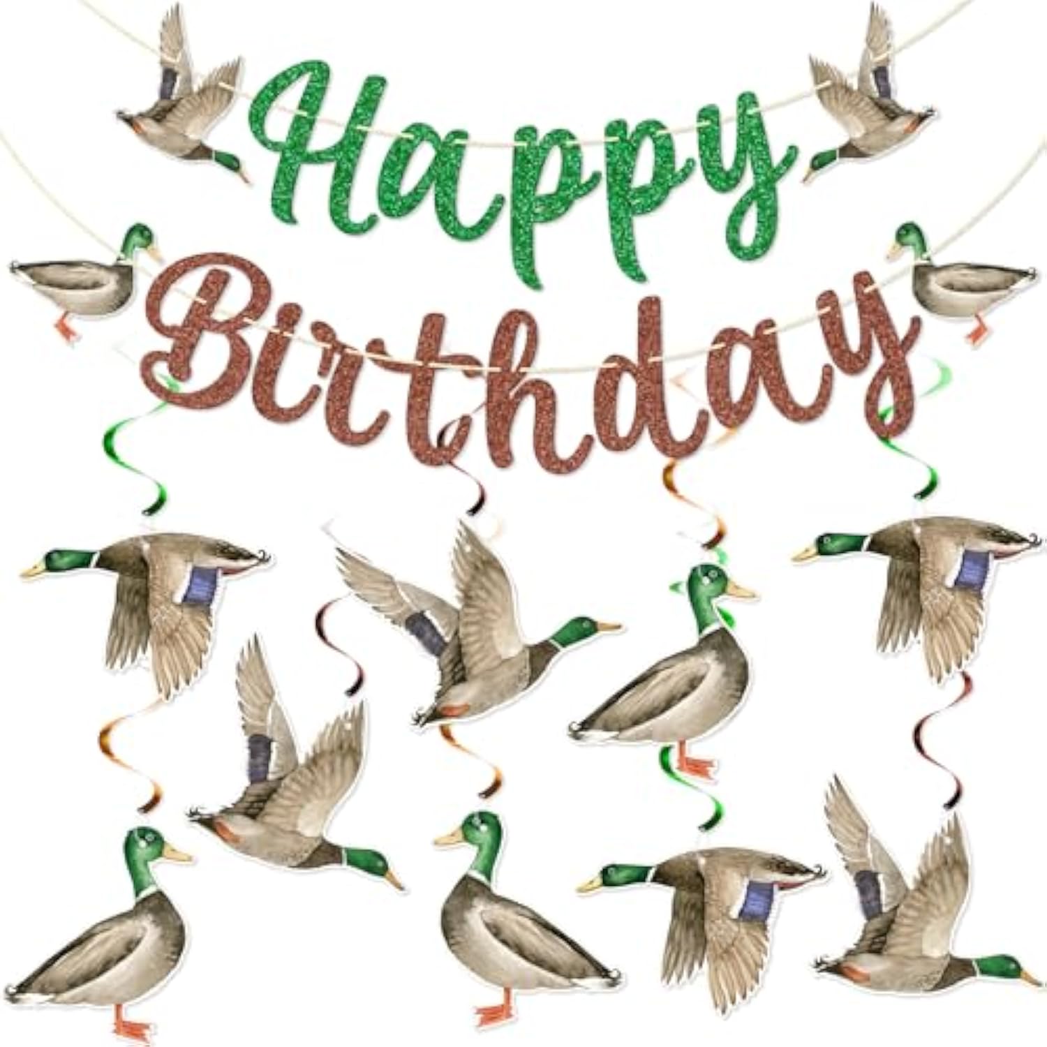 Duck Hunting Birthday Decor Set – Mallard Banner & Hanging Swirls (10-Pcs)