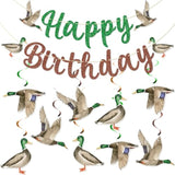 Duck Hunting Birthday Decor Set – Mallard Banner & Hanging Swirls (10-Pcs)