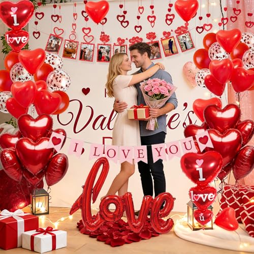 Red Valentines Day Decorations Set with I LOVE YOU Banner and Balloons, Photo Banner,Heart Hanging Decor and Red Heart Balloons with Rose Petals for Weddings,Valentine's Day and Anniversaries