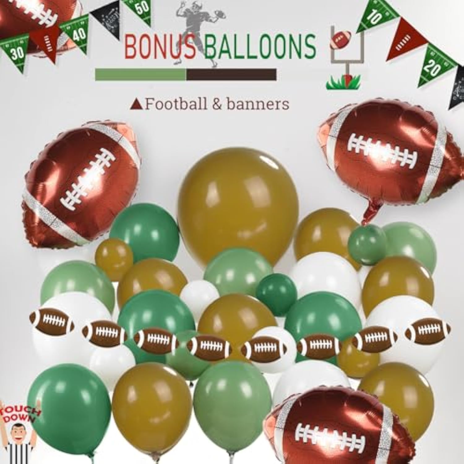 Football Party Decorations Kit 120Pcs Sage Green Brown White Balloon Garland Arch With Football Banner Mylar Balloons For Sports Birthday Boys First Year Touch Down Party Decorations