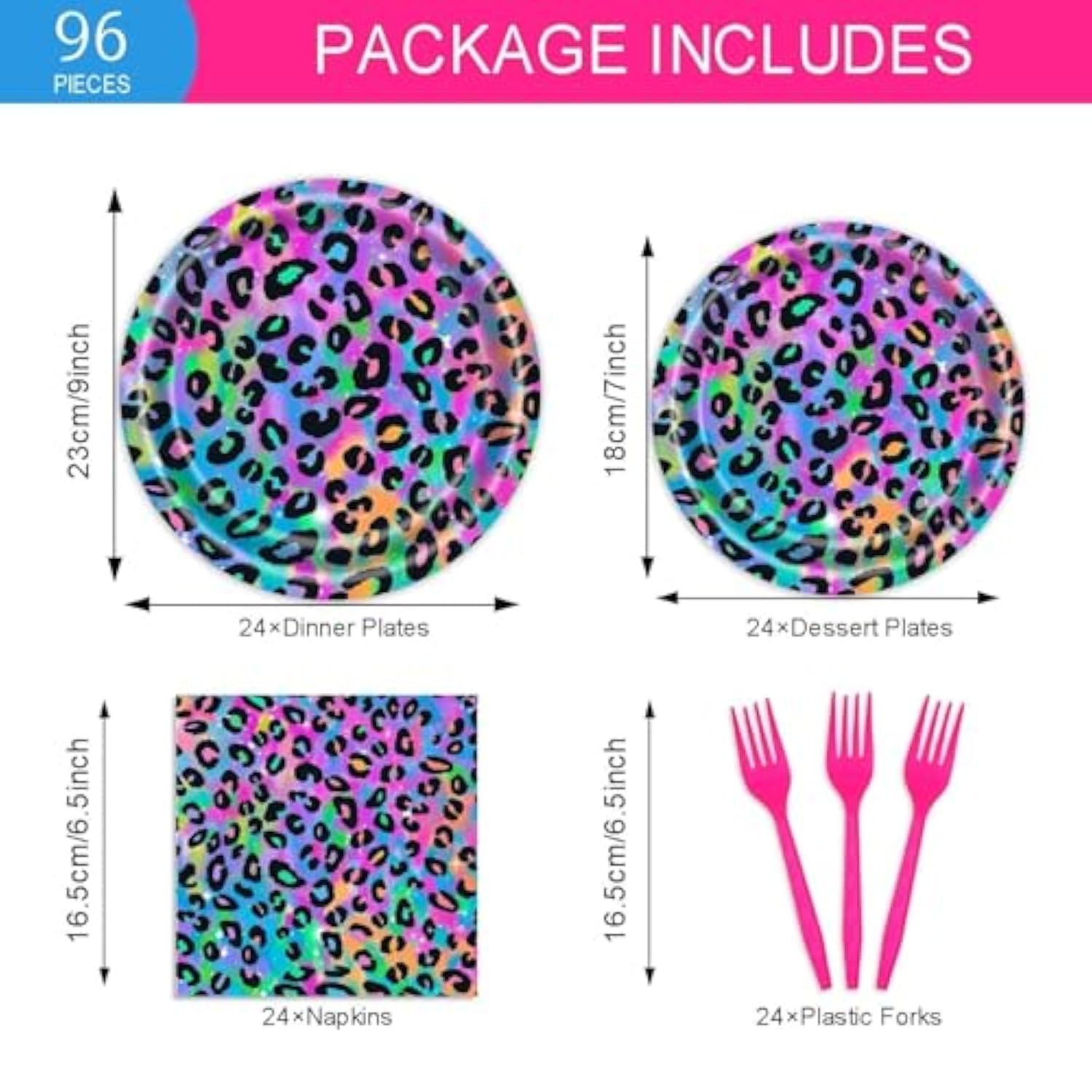 96 Pcs Neon Rainbow Leopard Birthday Tableware Set Girl'S Sparkly Paint Splatter Cheetah Party Supplies For 24 Guests Rainbow Leopard Print Pattern Birthday Dinnerware