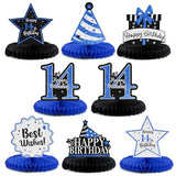 Happy 14th Birthday Decorations,14th Birthday Blue Glitter Shiny Stand Honeycomb Table Centerpieces - Cheers to Fourteen Years Old Birthday Party Photoprop Gift Sign.