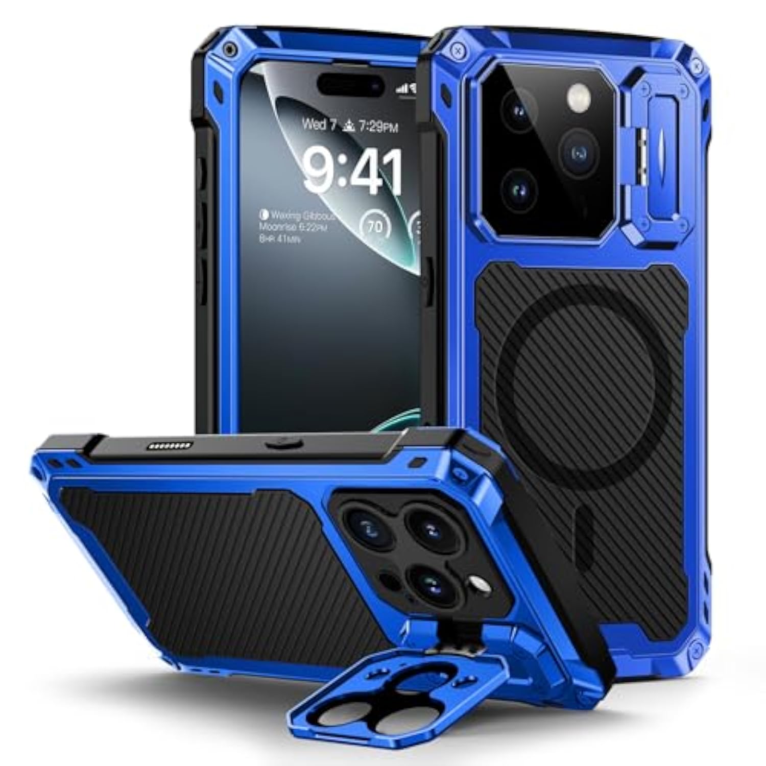 For Iphone 16 Pro Max Metal Case With Camera Cover & Stand [Compatible With Magsafe] [Built-In Kickstand] [Military-Grade Protection] Heavy Duty Rugged Magnetic Phone Case, (Blue)