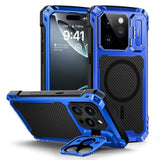 For Iphone 16 Pro Max Metal Case With Camera Cover & Stand [Compatible With Magsafe] [Built-In Kickstand] [Military-Grade Protection] Heavy Duty Rugged Magnetic Phone Case, (Blue)