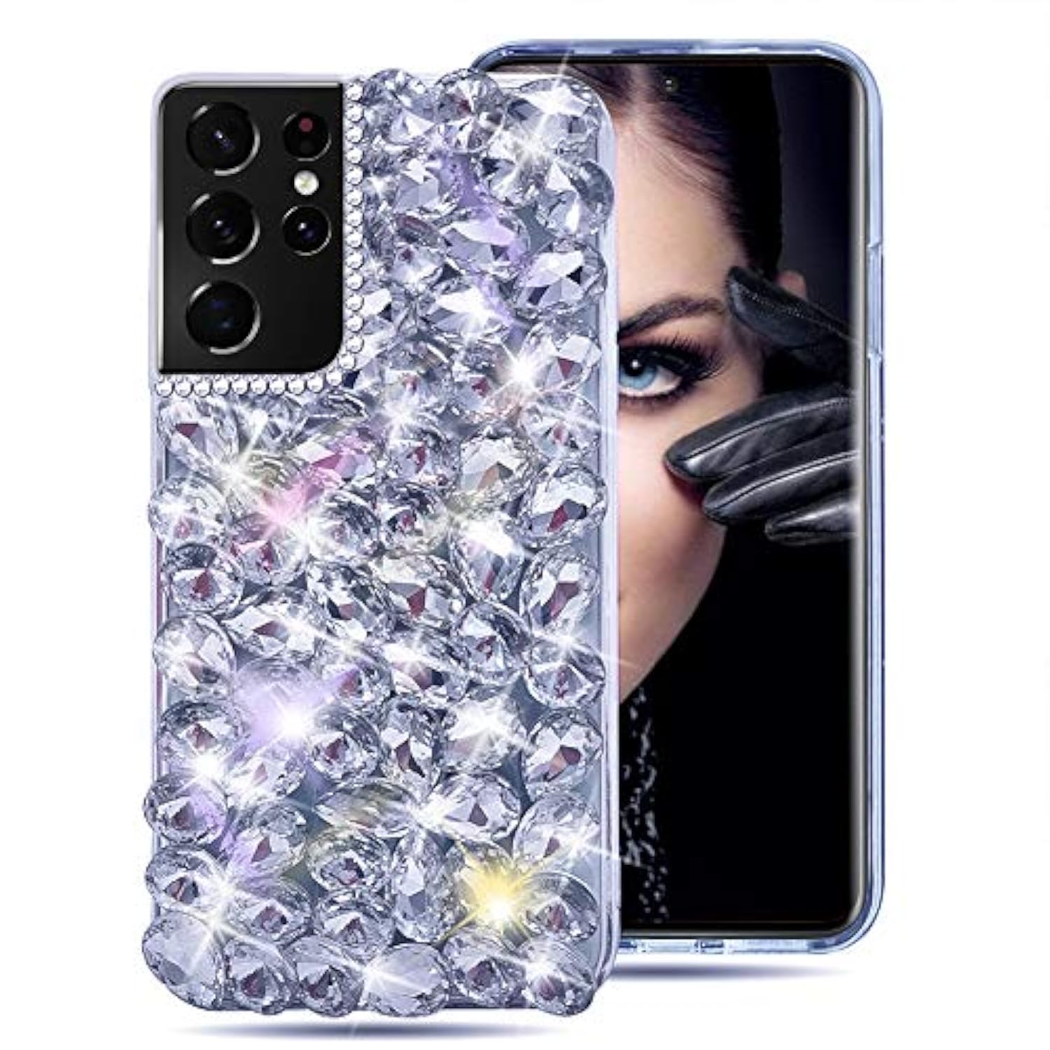 Compatible With Samsung Galaxy S23 Ultra Glitter Case 3D Glitter Sparkle Bling Case Crystal Rhinestone Diamond Bumper Clear Gems Cute Protective Girly Case For Galaxy S23 Ultra
