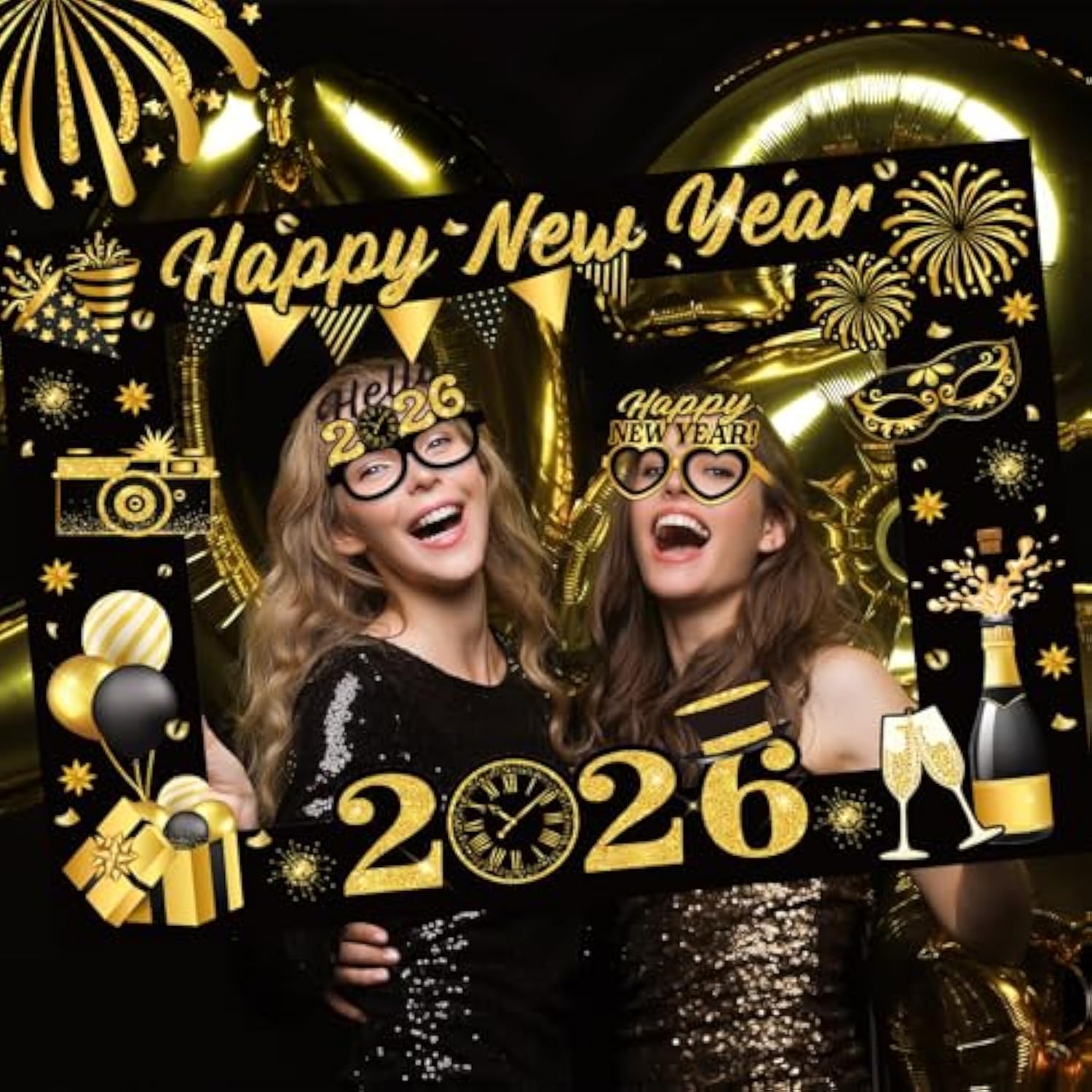 25pcs 2026 New Year Photo Booth Props Black Gold Party Favors