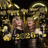 25pcs 2026 New Year Photo Booth Props Black Gold Party Favors
