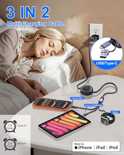 Retractable Multi Charging Cable 100W - 3 in 2 Travel Portable Retractable Charger Cords with 2 USB C and iWatch Charger Port for iPhone 17/16/15