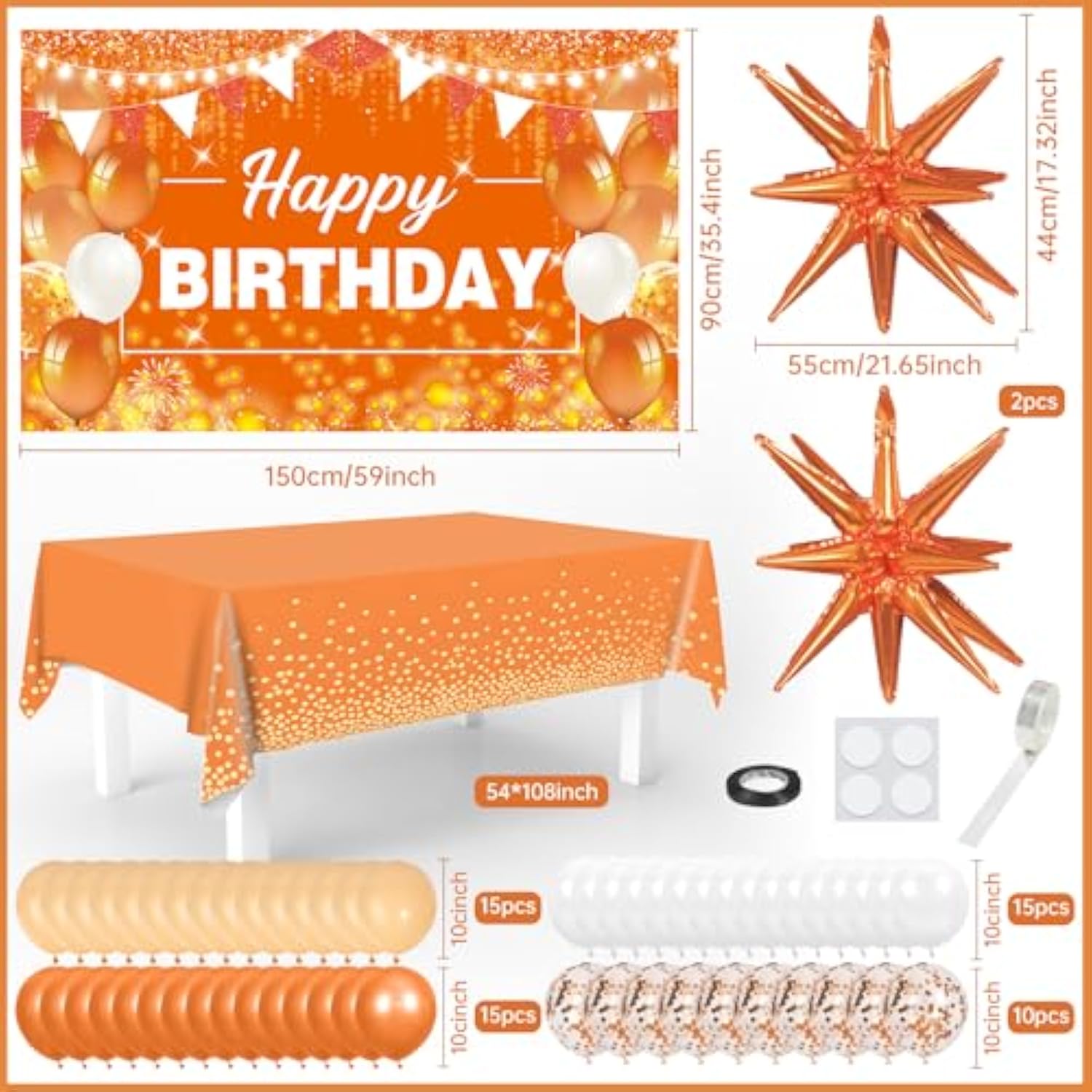 62PCS Orange Balloon Arch Kit with Happy Birthday Banner Star Foil Balloons for Party