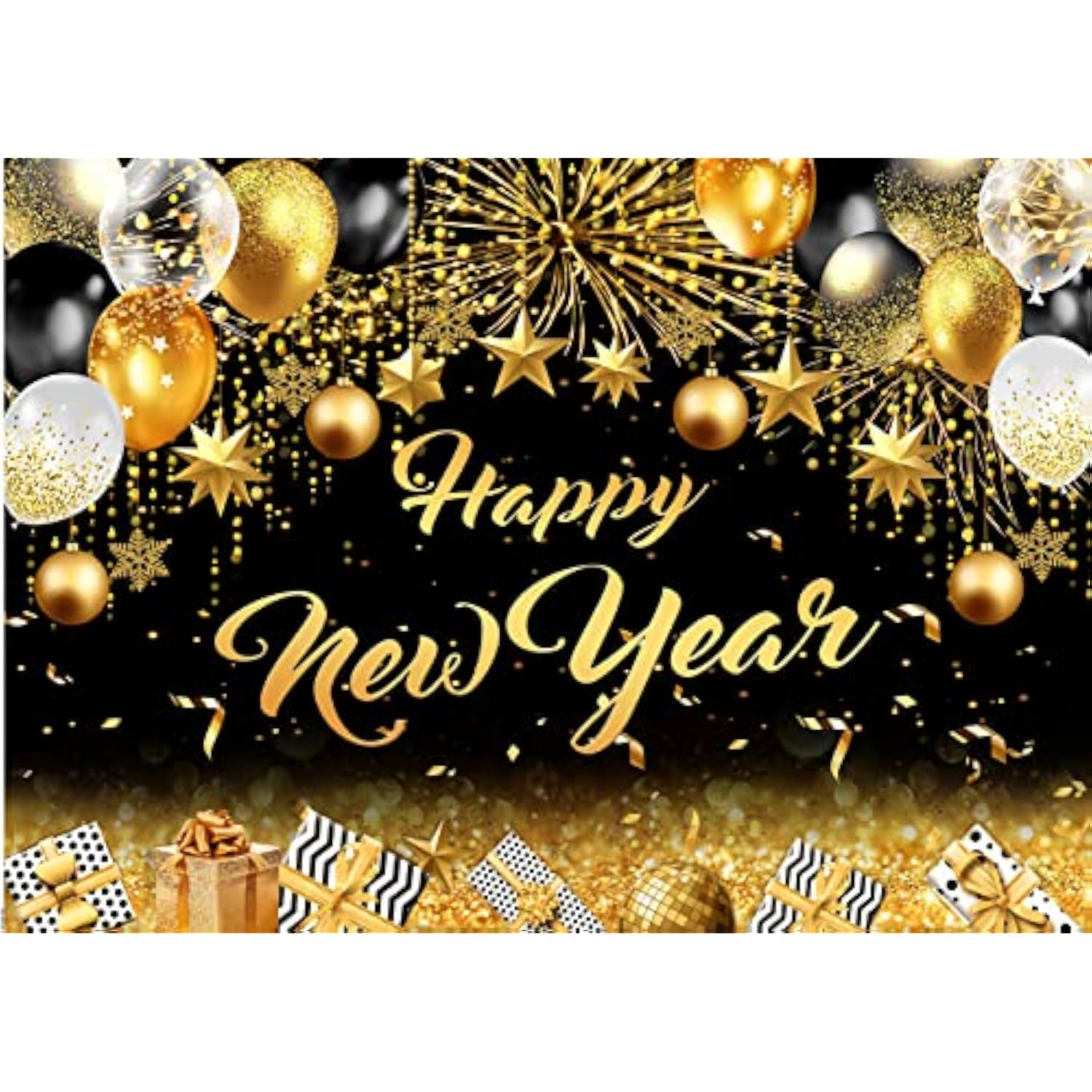2026 New Year Backdrop 7x5ft Black & Gold Holiday Party Banner