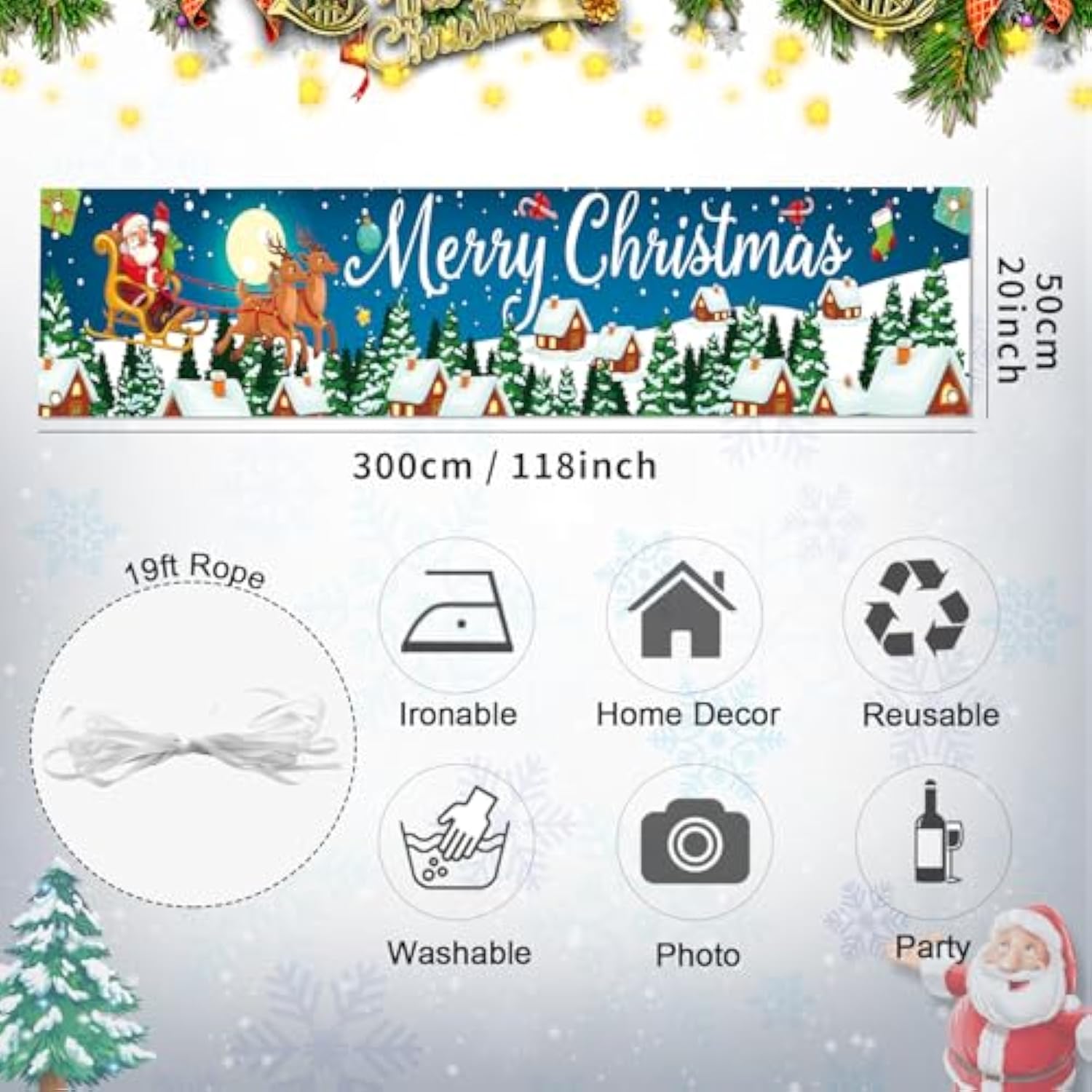 Christmas Banner Outdoor, Large Fabric Blue Merry Christmas Decorations With Santa Claus Reindeer Gifts Backgroud Banner, Xmas Yard Sign For Outside Fence Garden New Year Party Decor Supplies 210X40Cm