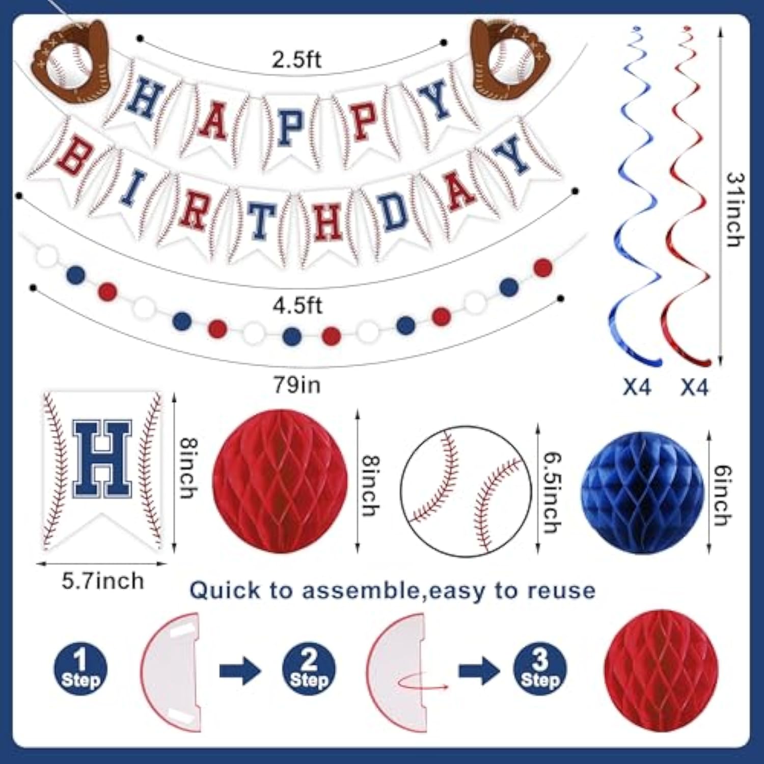 Baseball Party Decorations Happy Birthday Banner Baseballs Honeycomb Balls Hanging Swirls Circle Dot Garland For Baseball Sports Themed Birthday Party Decorations